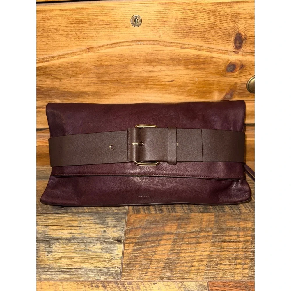 AllSaints Zoku Leather Clutch Bag Oxblood Burgundy Buckle Hand Strap WB066L